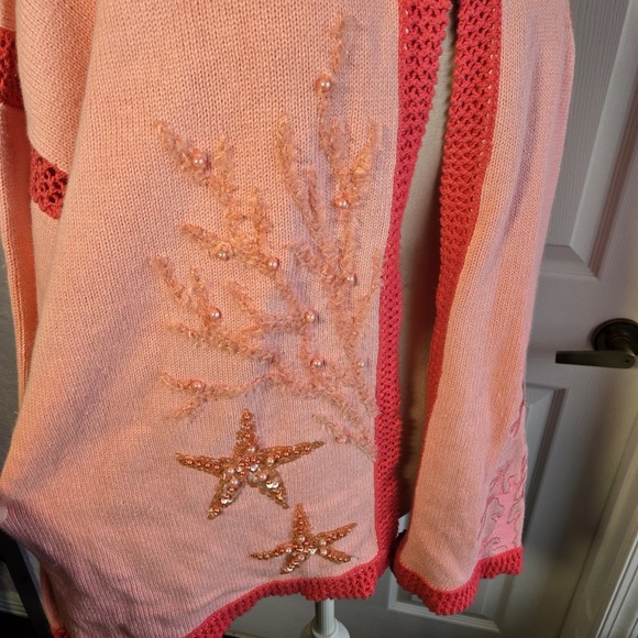 Storybook Knits Coral Pink Cardigan Sweater Sea Horsing Around‎ Size 1X Beaded - Picture 3 of 10